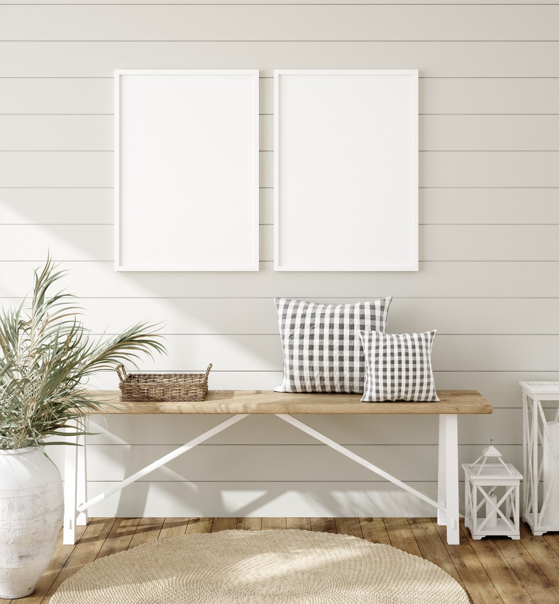 Frame mockup in farmhouse living room interior