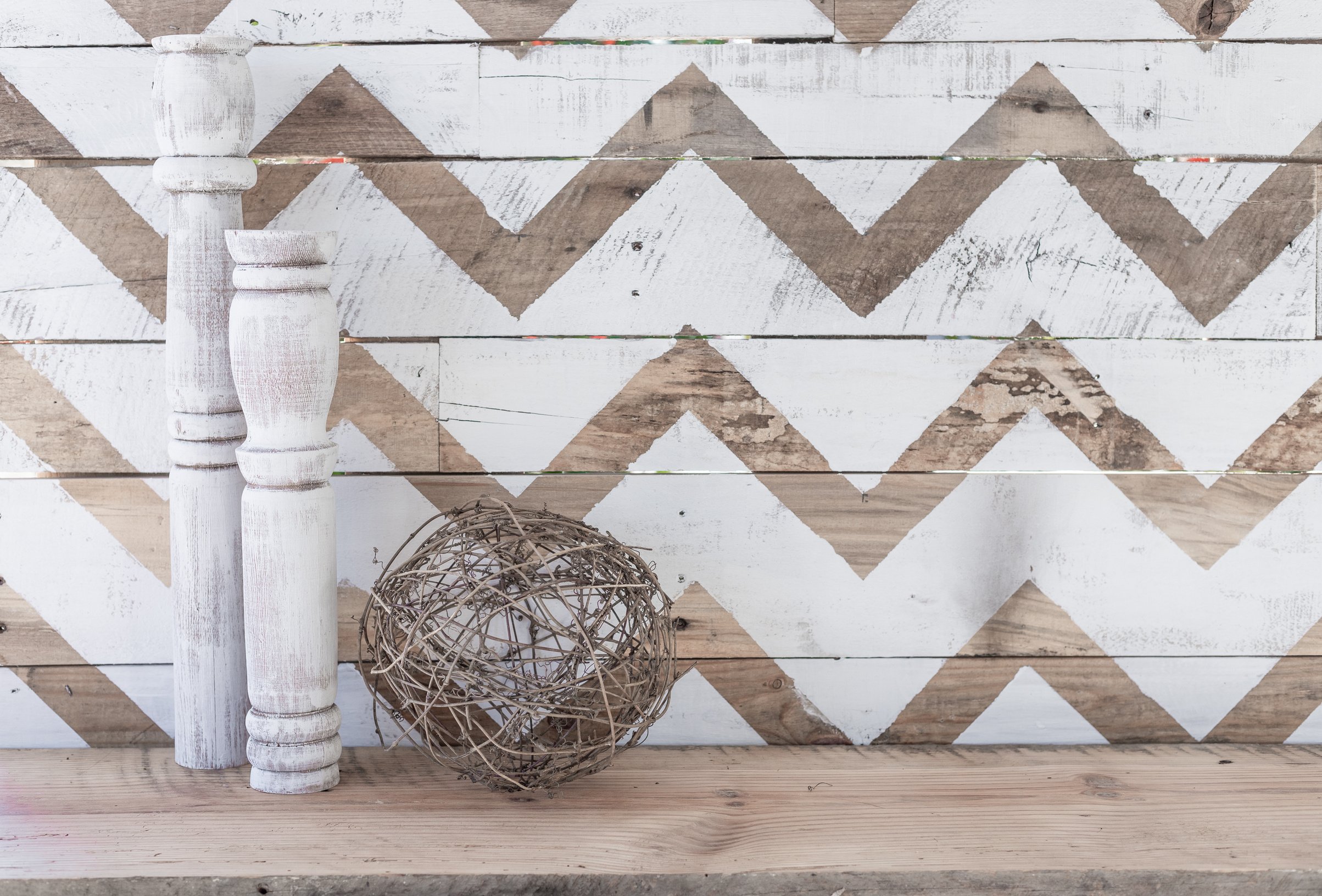 Farmhouse mantle with weathered chevon white and natural background